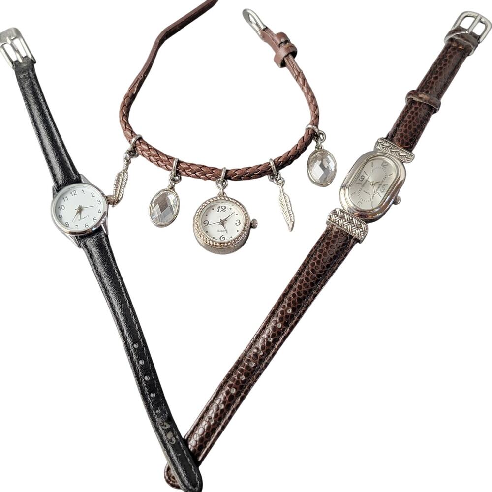 Vintage Women's Wristwatches Lot of 3 Analog Leather Bands Bracelet with Charms